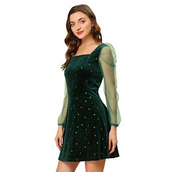 Women's Mesh Sheer Long Sleeve Square Neck Velvet Star Prom Dress