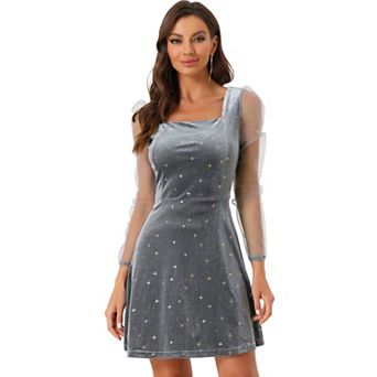 Women's Mesh Sheer Long Sleeve Square Neck Velvet Star Prom Dress