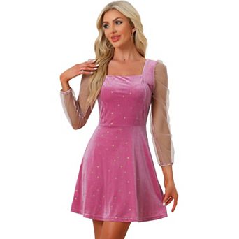 Women's Mesh Sheer Long Sleeve Square Neck Velvet Star Prom Dress