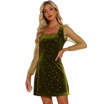 Women's Mesh Sheer Long Sleeve Square Neck Velvet Star Prom Dress