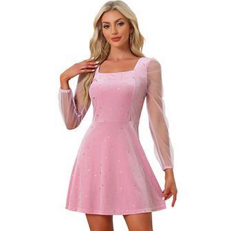 Women's Mesh Sheer Long Sleeve Square Neck Velvet Star Prom Dress