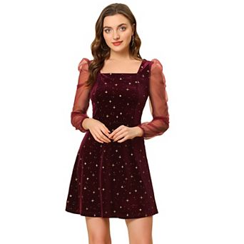 Women's Mesh Sheer Long Sleeve Square Neck Velvet Star Prom Dress