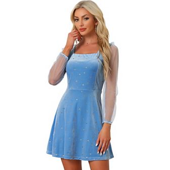 Women's Mesh Sheer Long Sleeve Square Neck Velvet Star Prom Dress