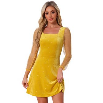 Women's Mesh Sheer Long Sleeve Square Neck Velvet Star Prom Dress