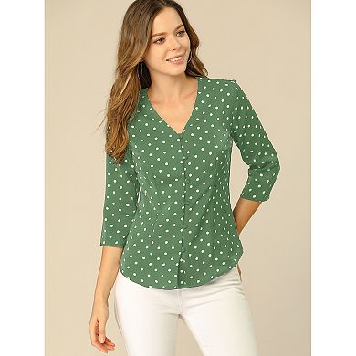 Women's Polka Dots 3/4 Sleeve Casual Button Front Blouse Top