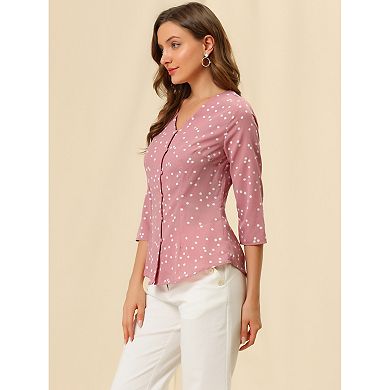 Women's Polka Dots 3/4 Sleeve Casual Button Front Blouse Top
