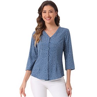 Women's Polka Dots 3/4 Sleeve Casual Button Front Blouse Top