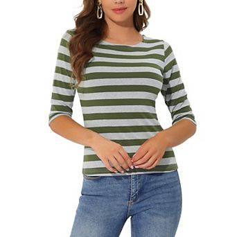 Women's Casual T-shirts Elbow Sleeves Slim Fit Boat Neck Tops