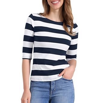 Women's Casual T-shirts Elbow Sleeves Slim Fit Boat Neck Tops