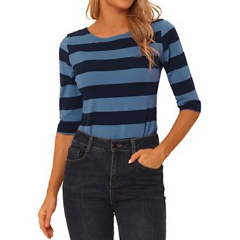 Women's Casual T-shirts Elbow Sleeves Slim Fit Boat Neck Tops