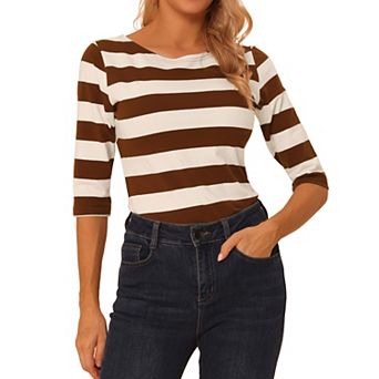 Women's Casual T-shirts Elbow Sleeves Slim Fit Boat Neck Tops