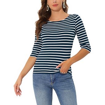 Women's Casual T-shirts Elbow Sleeves Slim Fit Boat Neck Tops