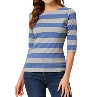 Women's Casual T-shirts Elbow Sleeves Slim Fit Boat Neck Tops