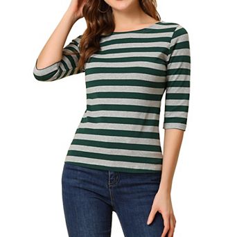 Women's Casual T-shirts Elbow Sleeves Slim Fit Boat Neck Tops