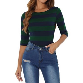 Women's Casual T-shirts Elbow Sleeves Slim Fit Boat Neck Tops