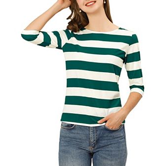Women's Casual T-shirts Elbow Sleeves Slim Fit Boat Neck Tops
