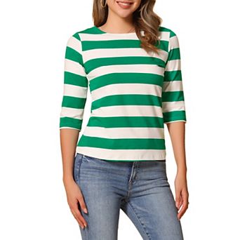 Women's Casual T-shirts Elbow Sleeves Slim Fit Boat Neck Tops