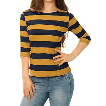 Women's Casual T-shirts Elbow Sleeves Slim Fit Boat Neck Tops