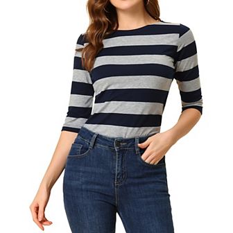 Women's Casual T-shirts Elbow Sleeves Slim Fit Boat Neck Tops