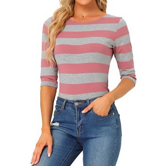 Women's Casual T-shirts Elbow Sleeves Slim Fit Boat Neck Tops