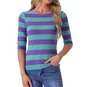 Women's Casual T-shirts Elbow Sleeves Slim Fit Boat Neck Tops