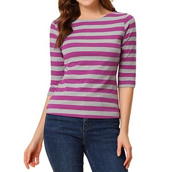 Women's Casual T-shirts Elbow Sleeves Slim Fit Boat Neck Tops