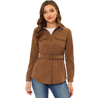 Women s Button Down Shirts Long Sleeve Corduroy Casual Belted Jacket
