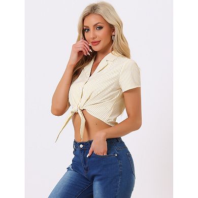 Women's Stripe Button up Short Sleeve Tie Front Short Shirts