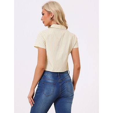 Women's Stripe Button up Short Sleeve Tie Front Short Shirts