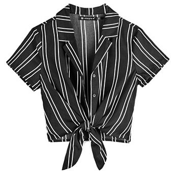 Women's Stripe Button up Short Sleeve Tie Front Short Shirts