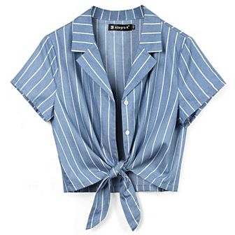 Women's Stripe Button up Short Sleeve Tie Front Short Shirts