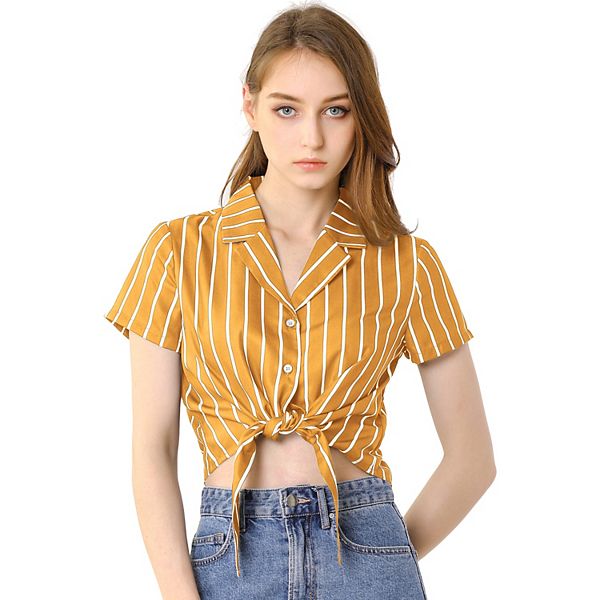 Women's Stripe Button up Short Sleeve Tie Front Short Shirts