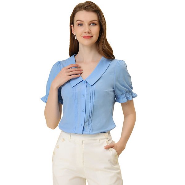 Women's Lapel V Neck Short Sleeve Pleated Tops Blouse