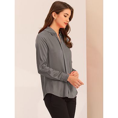 Women's Elegant Solid Color V Neck Satin Long Sleeve Blouse