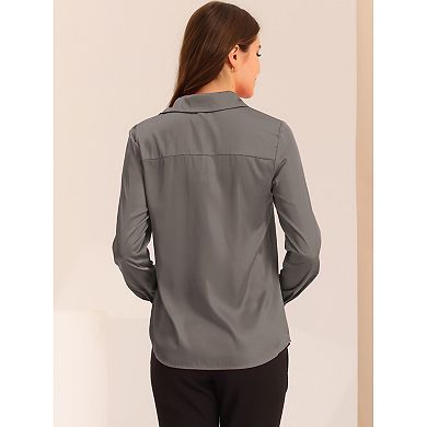 Women's Elegant Solid Color V Neck Satin Long Sleeve Blouse