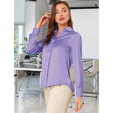 Women's Elegant Solid Color V Neck Satin Long Sleeve Blouse
