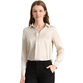 Women's Elegant Solid Color V Neck Satin Long Sleeve Blouse