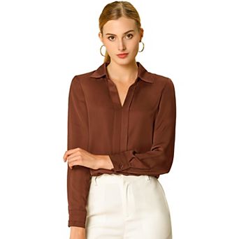Women's Elegant Solid V Neck Smooth Satin Long Sleeve Blouse