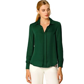 Women's Elegant Solid Color V Neck Satin Long Sleeve Blouse