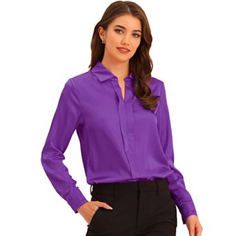Women's Elegant Solid V Neck Smooth Satin Long Sleeve Blouse