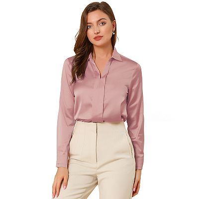 Women's Elegant Solid V Neck Smooth Satin Long Sleeve Blouse