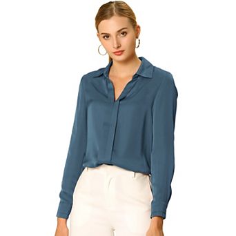 Women's Elegant Solid V Neck Smooth Satin Long Sleeve Blouse