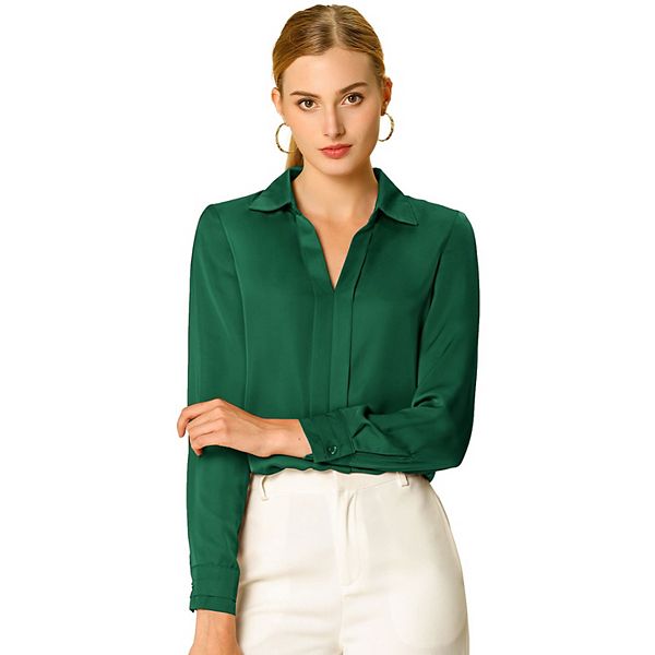 Women's Elegant Solid V Neck Smooth Satin Long Sleeve Blouse