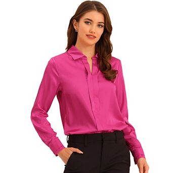Women's Elegant Solid Color V Neck Satin Long Sleeve Blouse