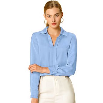 Women's Elegant Solid Color V Neck Satin Long Sleeve Blouse