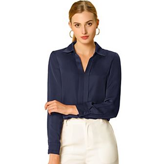 Women's Elegant Solid V Neck Smooth Satin Long Sleeve Blouse