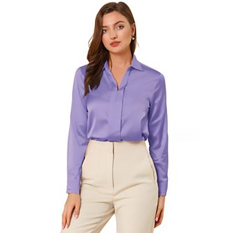 Women's Elegant Solid Color V Neck Satin Long Sleeve Blouse
