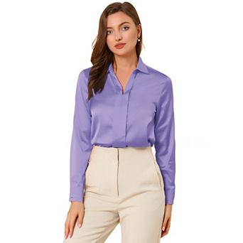 Women's Elegant Solid V Neck Smooth Satin Long Sleeve Blouse