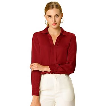Women's Elegant Solid Color V Neck Satin Long Sleeve Blouse