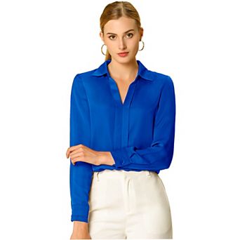Women's Elegant Solid V Neck Smooth Satin Long Sleeve Blouse